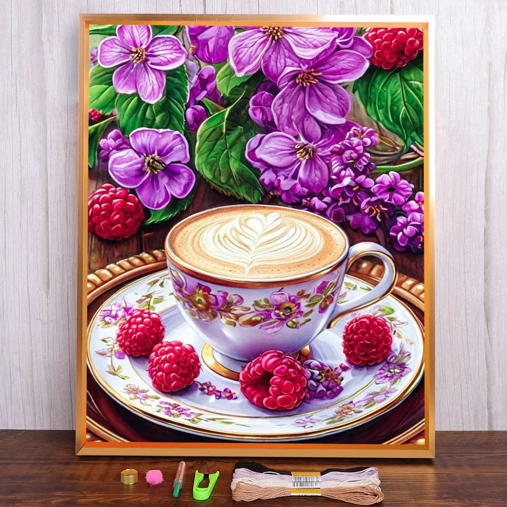 Still Life Kaffee bedruckter Stoff 11CT Kreuzstich Komplettset Stickerei Handwerk Handarbeit Stricken Handwerk Geschenkpaket Verkauf