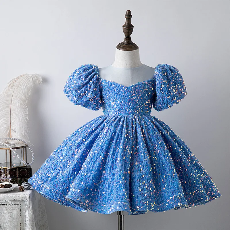 

2024 New Girl's Sequin Bubble Sleeves Princess Dress Sweet Hollow Mesh Fluffy Dress Banquet Carnival Performance Clothing