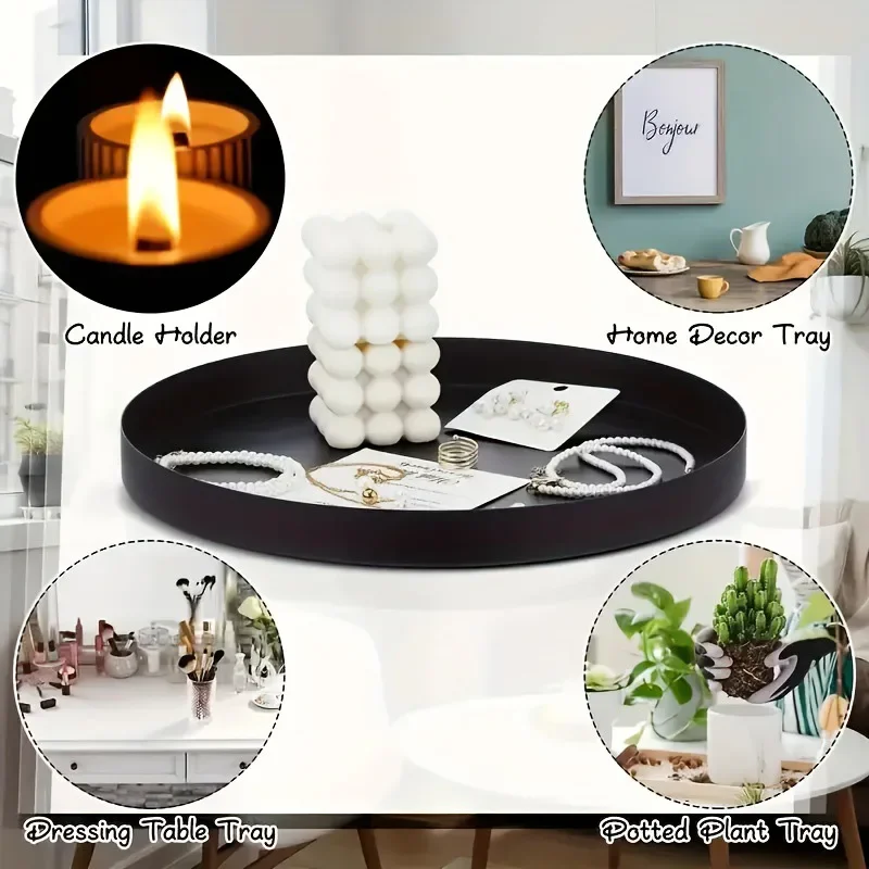 1pcBathroom Aromatherapy Tray Vassoio da scrivania per soggiorno Vassoio da scrivania multifunzionale rotondo in metallo nero - immagine 4