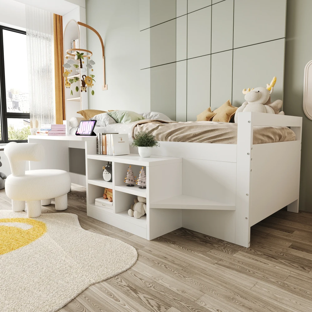 90 x 200 cm großes Einzelbett aus Holz mit Schreibtisch – Steckdosen, Stauraumfächern und Sicherheitsgeländer, kippsicheres und geräuschfreies Design für Schlafzimmer – Detail 4