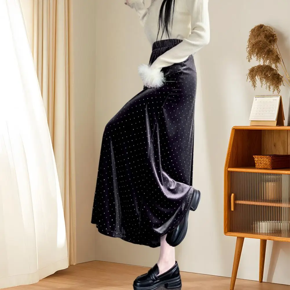 

High-waisted Skirt Elegant Rhinestone Decor Maxi Skirt for Women High Elastic Waist A-line Pleated Ankle Length for Commute