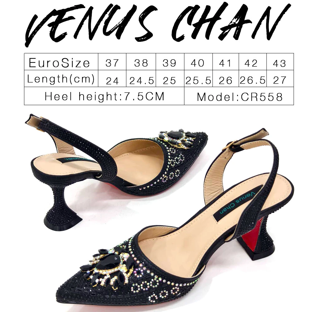 Venus Chan 2024 Latest Wedding Pointed Toe Women's Shoes High Heel Black Color Rhinestones italian shoes and bags matching set - Image 2