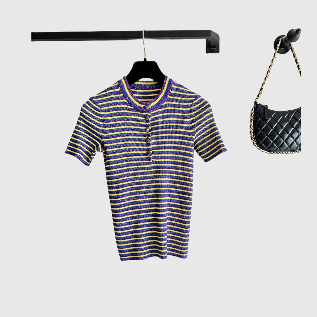 

Xiaoxiangfeng Early Spring New Fashionable Stripe Contrast Knitted Shirt With Temperament Slim Fit T-Shirt Sweater