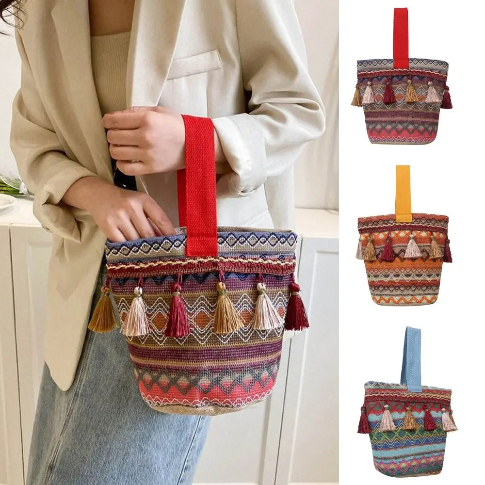 

Stripe Ethnic Style Tote Bag Elegant Tassel Canvas Lattice Bucket Shape Bag Bucket Shape Ins Stripe Handbag Outdoor