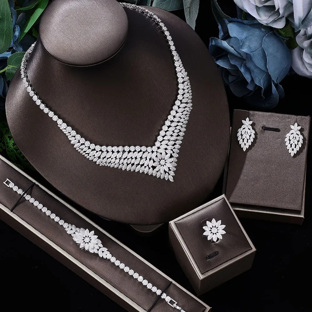

Luxury Cubic Zircon 4PCS Necklace Jewelry Set for Brides Wedding Party Cubic Zircon Dubai Bridal Jewelry Set