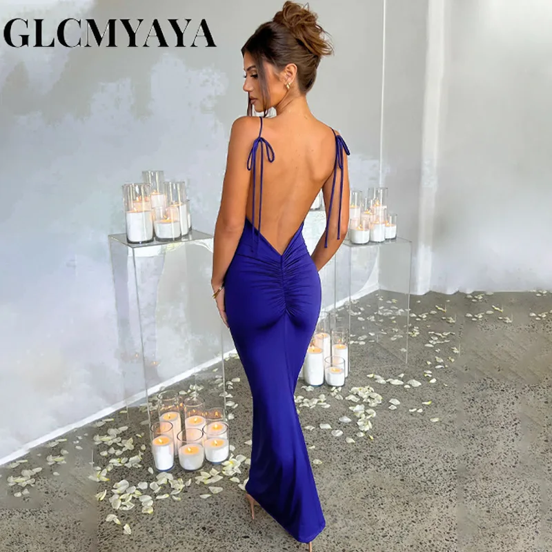 

GLCMYAYA Women Summer Fashion Backless Lace-up Folds Slash Neck Bodycon Dress 2023 Solid Sleeveless Spaghetti Strap Dresses