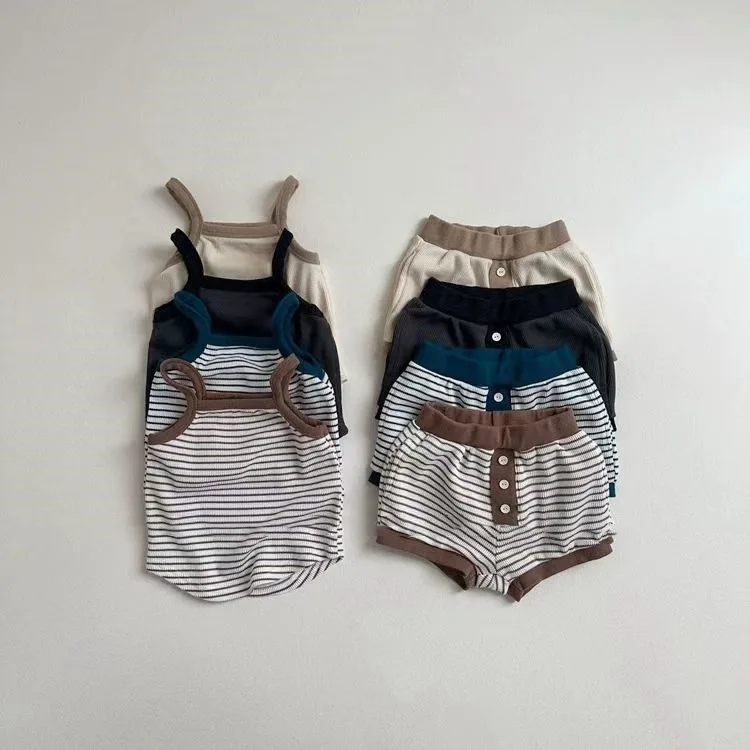 Description Picture 2 of item2025 Summer New Baby Sleeveless Clothes Set Infant Boy Girl Waffle Sling Vest + Shorts 2pcs Suit Toddler Casual Striped Outfits