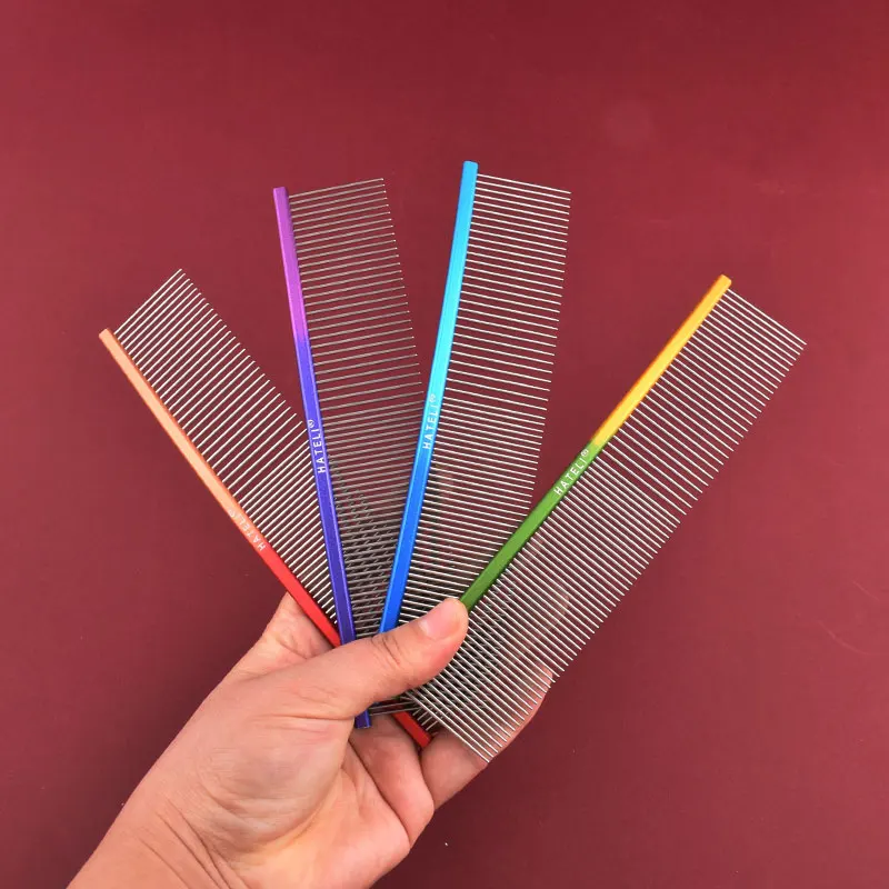 19 cm Haustier Regenbogen Kamm Hund Katze Gebogene Pflege Kamm Edelstahl Haustier Kamm Dichte Zähne Reinigung Pinsel Haar Entfernung pet Liefert – Detail 4