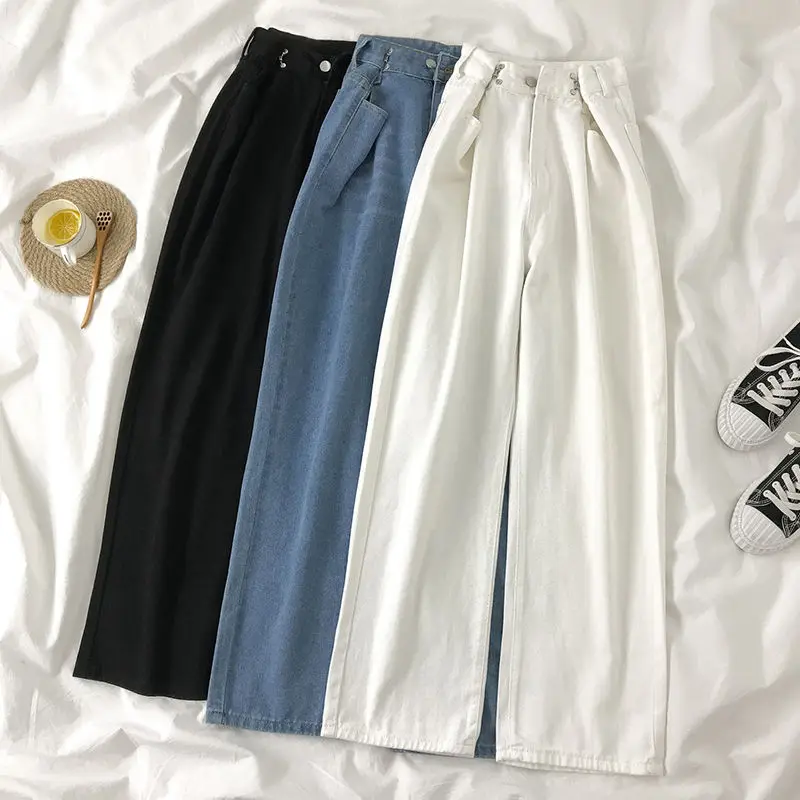 Spring Female Fashion New Design Straight Loose Trousers Women Autumn High Waist Jeans Vintage Casual Adjustable Wide Leg Pants