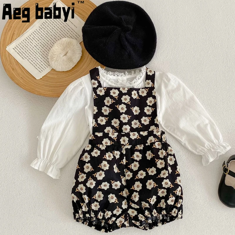 

Autumn Baby Girl Clothes Set Long Sleeve Embroidered Lace Cardigan Tops +Print Suspenders Pants Romper 2Pcs Toddler Clothing