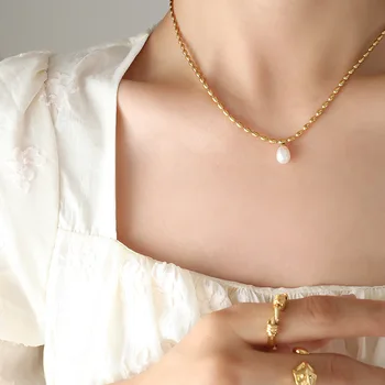 프렌치 라이트 럭셔리 진주 펜던트, 쌀알 체인 목걸이, 스테인레스 스틸, 18k 골드 도금, 방수 주얼리