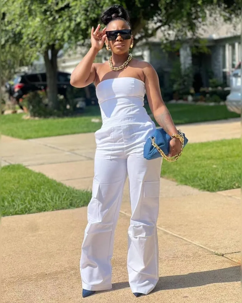 

WUHE женский комбинезон без бретелек с высокой талией и широкими штанинами 2023 модный уличный Карманный сафари карго цельный Комплект комбинезон