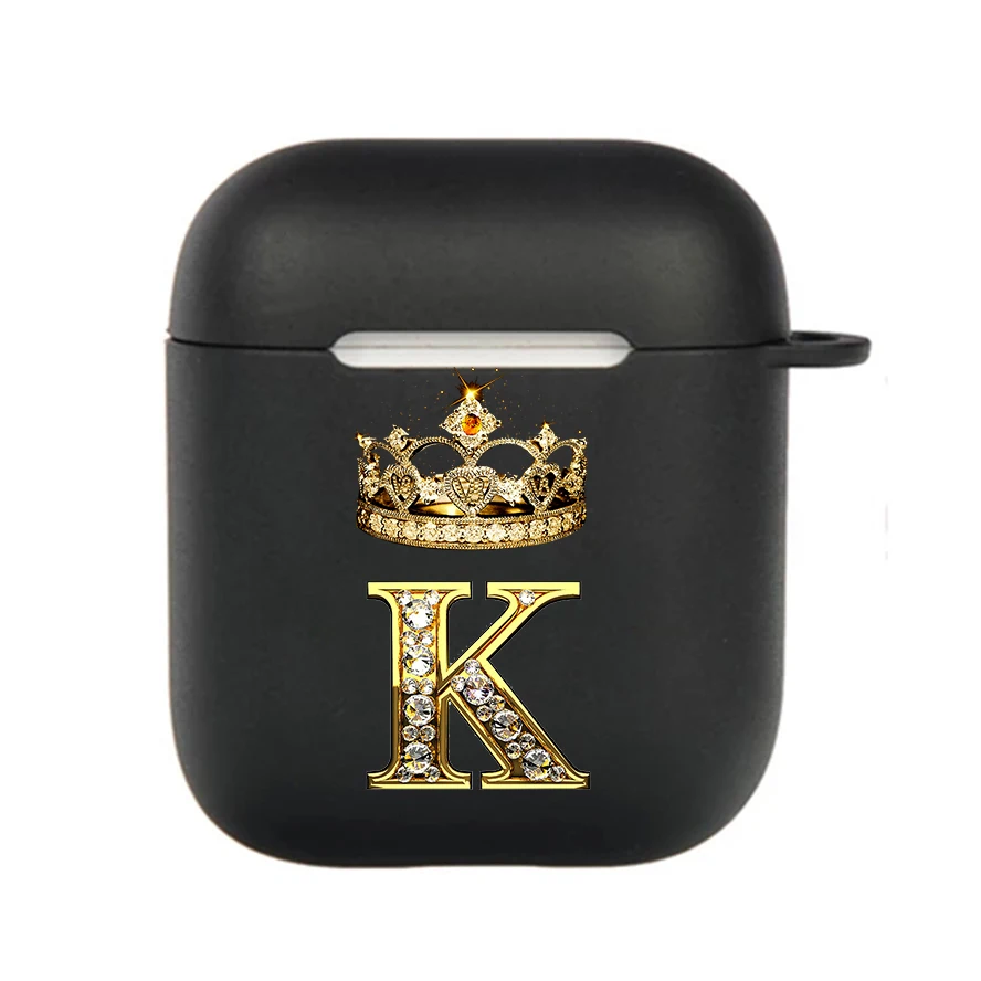 Diamond Crown Letter Hook Case - Black TPU Soft Earphone Cover