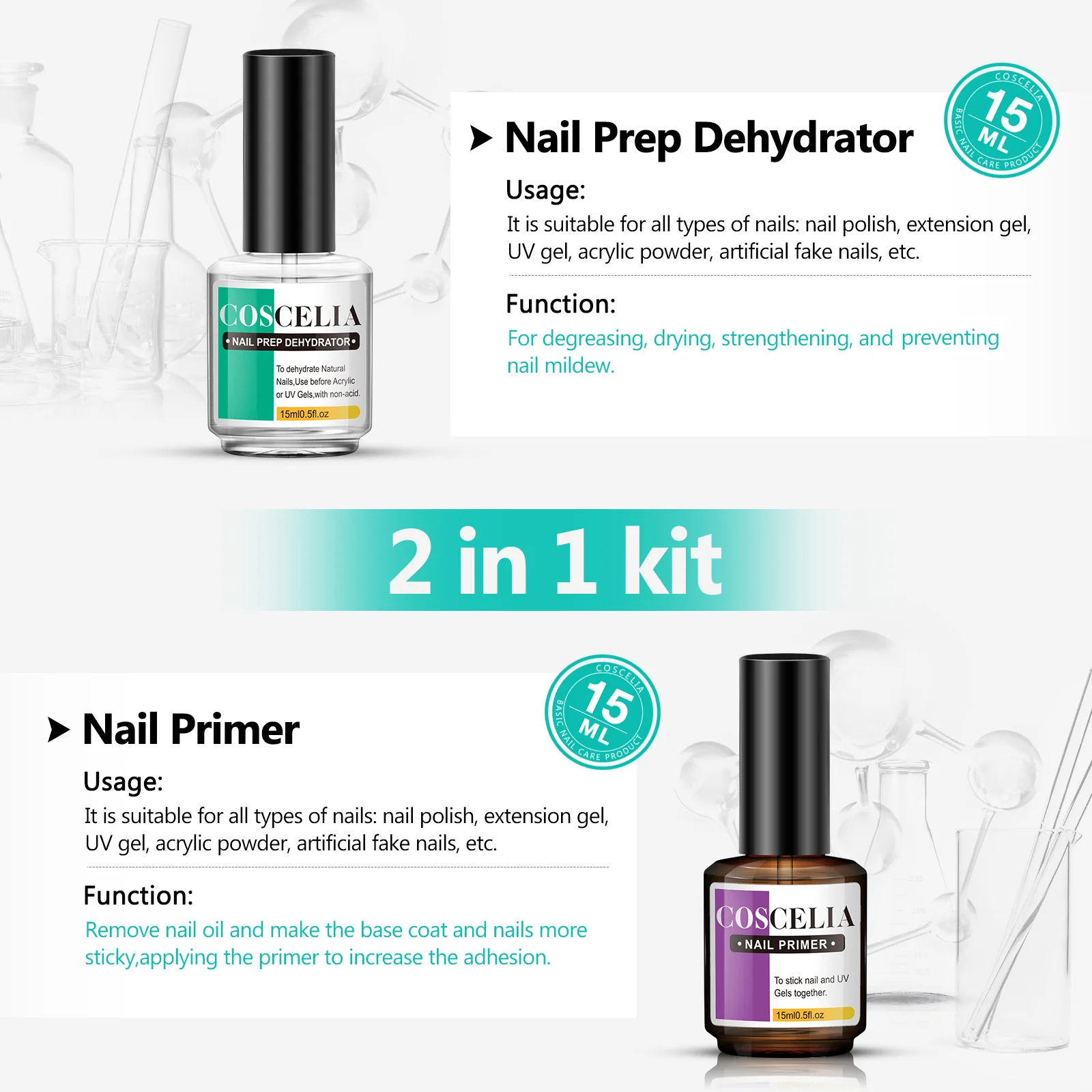 COSCELIA Nail Primer and Dehydrator for Acrylic Nails No Burn Fast Air Dry Nail Prep Dehydrator and Strength Primer Set 8/15ml 4