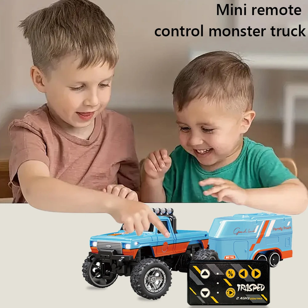 Mini RC Monster Truck with Lights & Trailer All Terrain Off-Road Truck Toy 1:64 Scale 2.4Ghz Remote Control Children Toy Gift 3