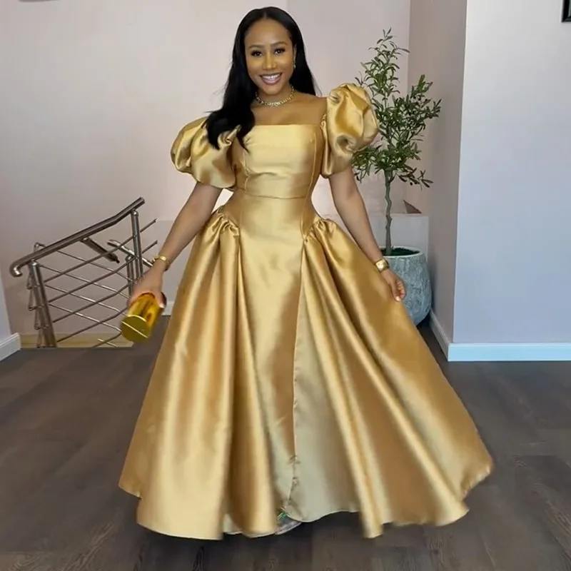 Robe élégante pour femmes, manches bouffantes, col carré, couleur unie, plissée, ligne a, robes Maxi de soirée, Cocktail