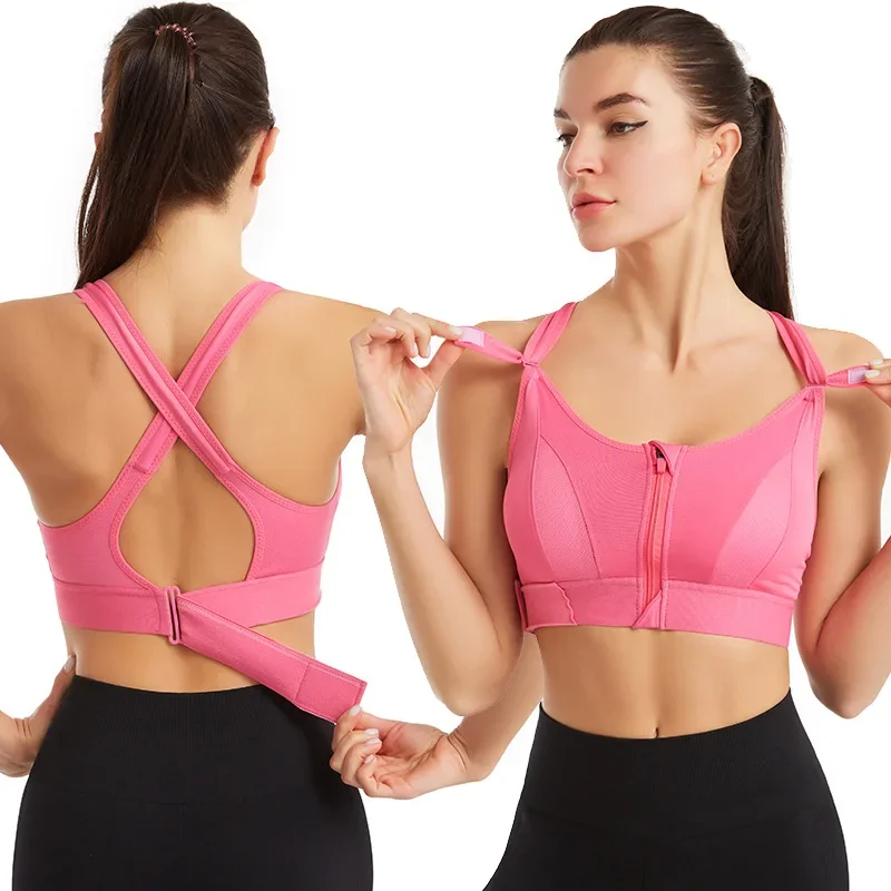 Front Zipper Adjustable Strap Shockproof Sports Bra for Women Elastic Fitness Athletic Slim Yoga Crop Top