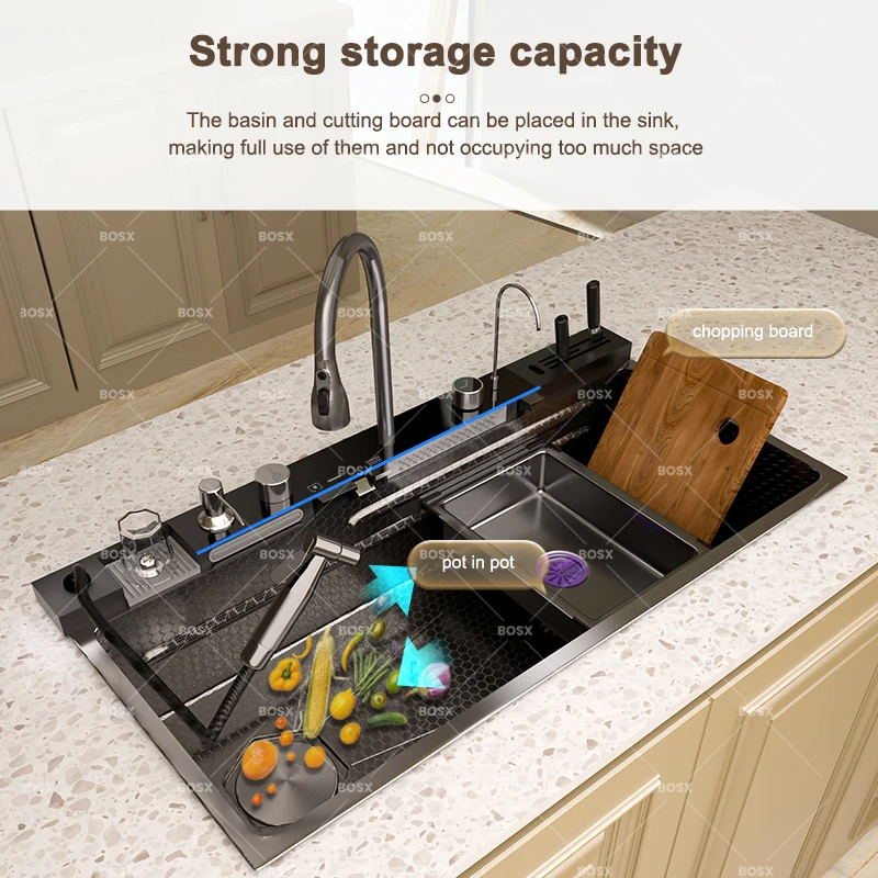 Stainless Steel Waterfall Kitchen Sink Single Slot Digital Display Faucet Set Cup Washer