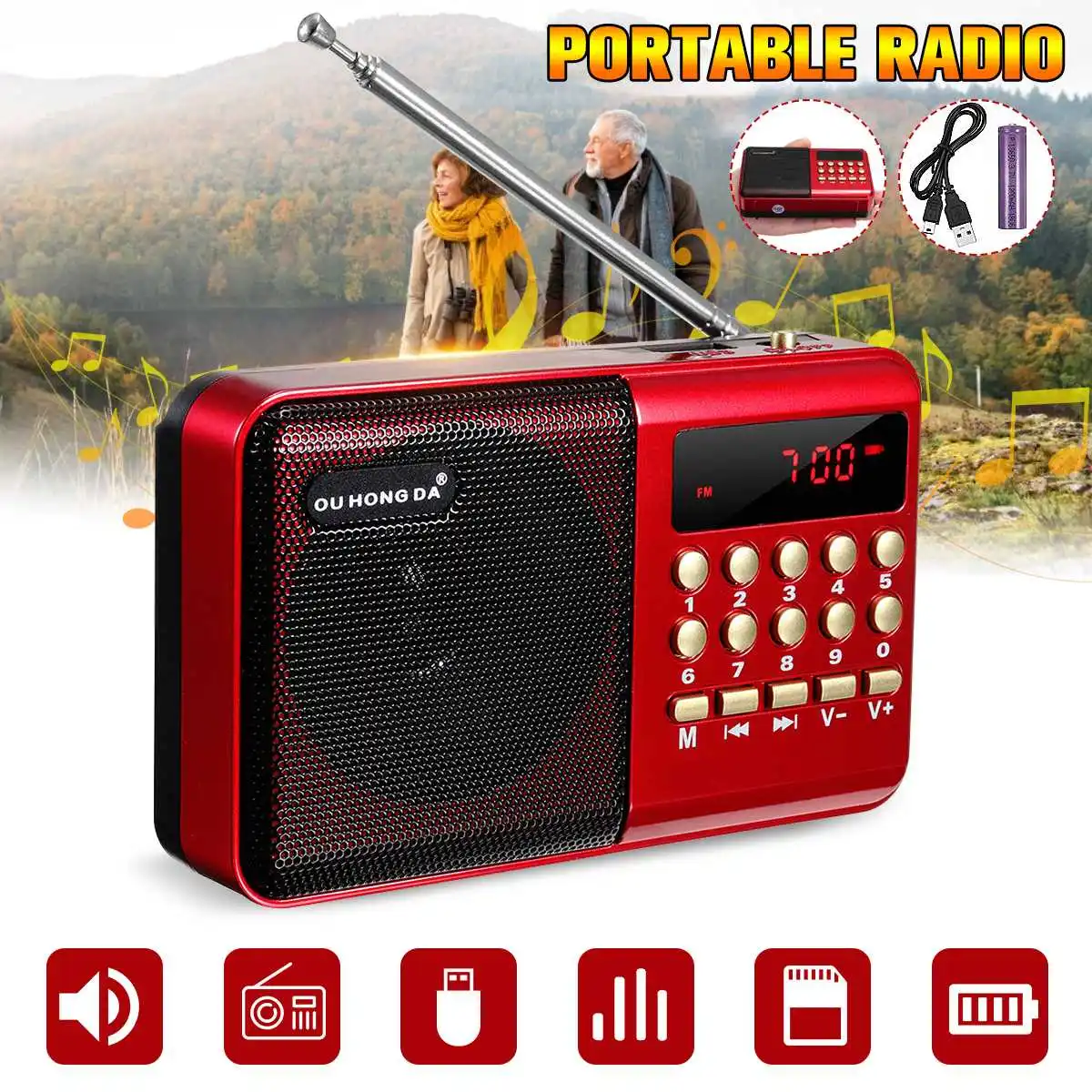 Novo mini rádio portátil handheld digital fm usb tf mp3 player