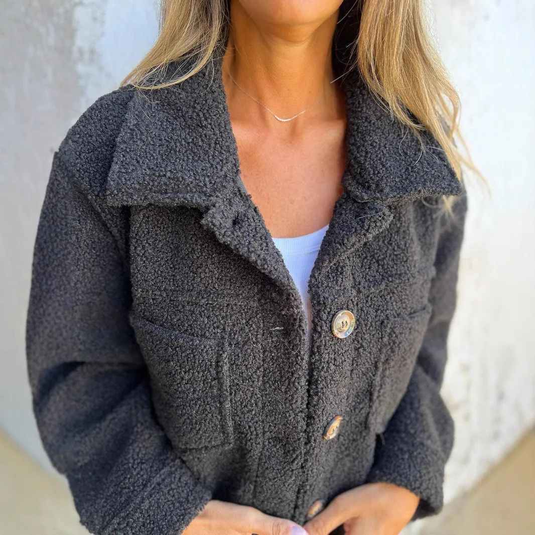 Women Autumn Winter Fleece Coat Long Sleeve Button Pocket Outwear