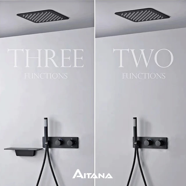 Système de douche thermostatique au plafond, salle de bains moderne en laiton noir, robinet cascade mural à 3 fonctions pour eau froide et chaude 1