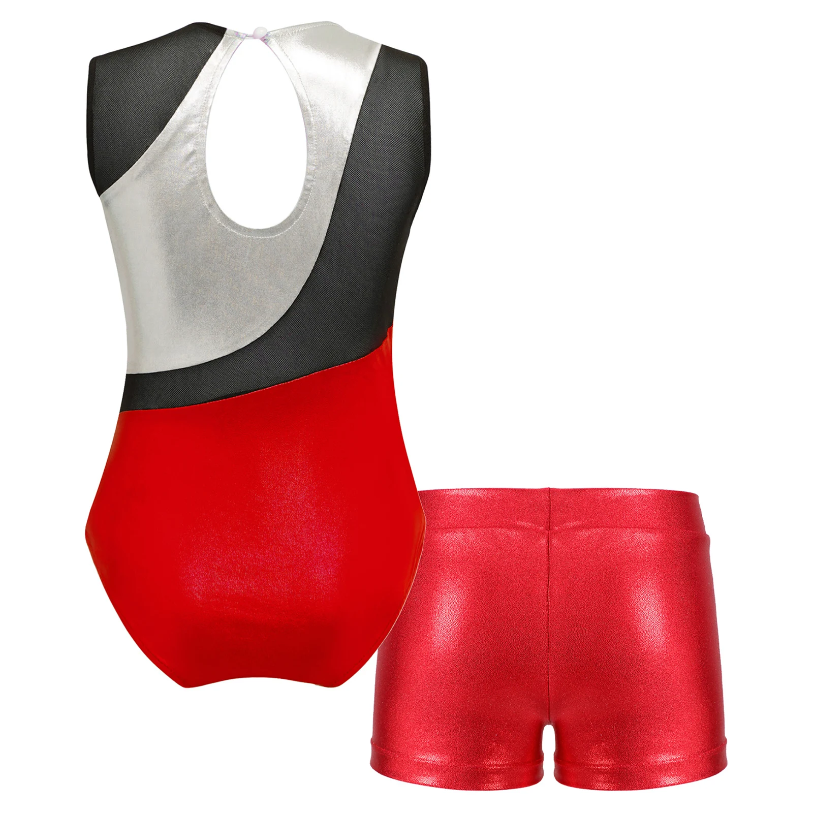 Toddler Kids Girls Metallic Sports Dance Bodysuits Gymnastics Dancewear Sleeveless Keyhole Back Dancing Leotard with Shorts Sets