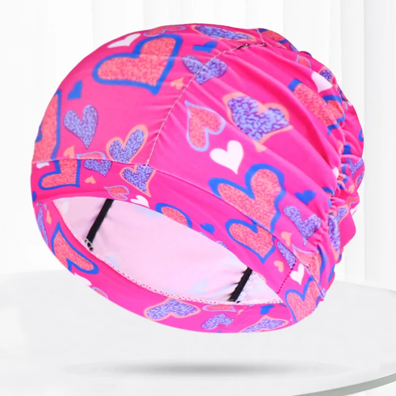 Swimming Cap Women Fabric Pleated Long Hair Nylon Turban Elastic Adults Flowers Printed