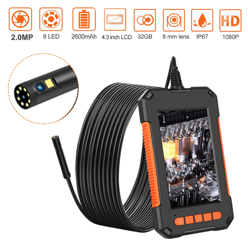 

Industrial Endoscope Camera with 4.3" Screen 8mm Single Lens 1080P Borescope with 8 LEDs For Car Checking Sewer Pipe Inspection