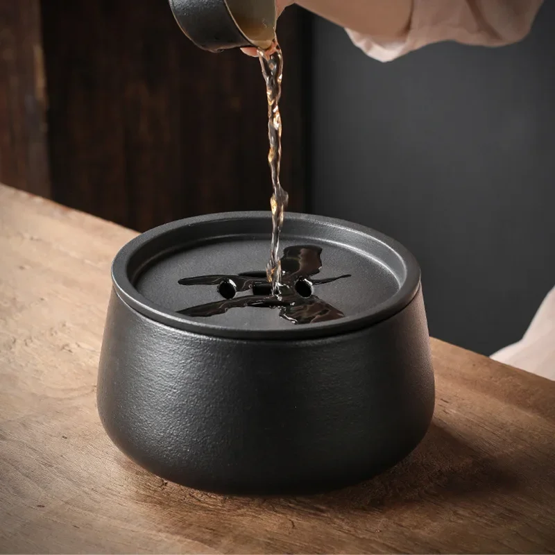 Black Pottery Ceramic Tea Washing With Cover Large Household Tea Residue Jar Jianshui Bowl Cup Washing Bowl Kung Fu Ceremony