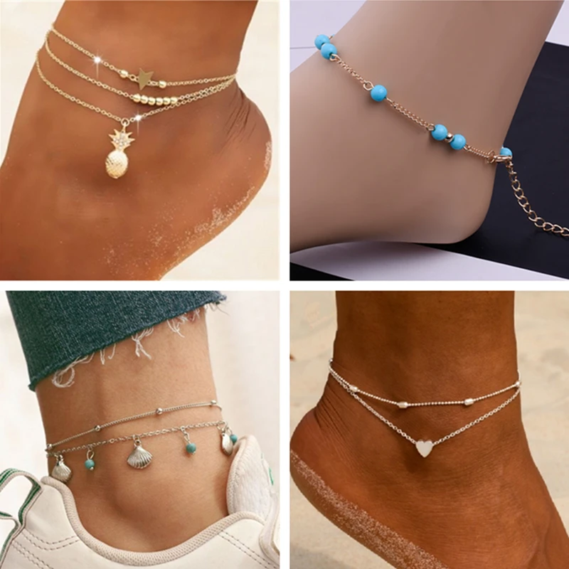 Silver Anklet Bracelet Ankle Chains Beads Anklet Toe Foot Bracelet Fashion Accessories Butterfly Pendant Anklets Foot Chain Summer Beach Shell Leaf Leg Bracelet For Women Girl Charms Barefoot Sandals Jewelry