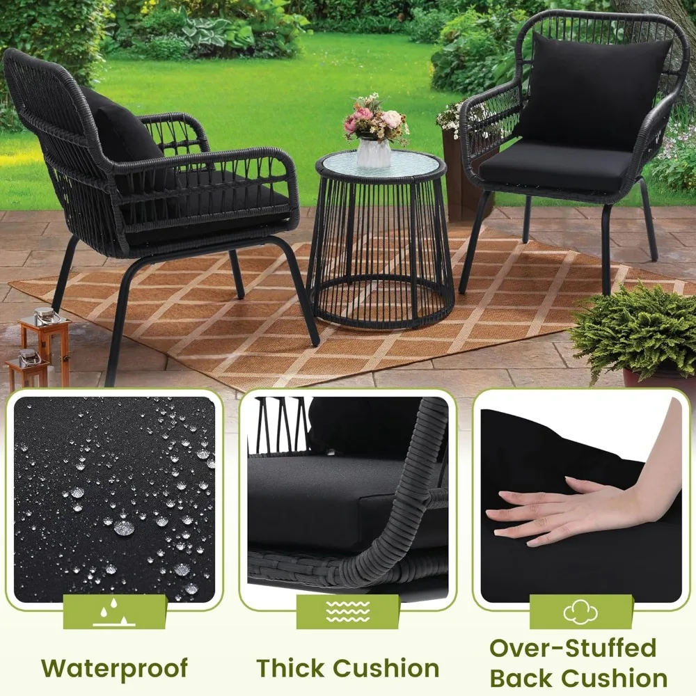 3 Piece Rattan Wicker Bistro Set, Outdoor Conversation Furniture Set with Glass Top Table, Space Saving for Balcony, Backyard 4