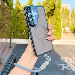 Matte Magnetic Wireless Charging Case with Foldable Lens Stand and Wrist Strap Lanyard - Galaxy S23 Ultra (Gray)