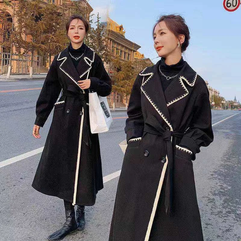 2022 New Autumn And Winter Big Fat Size Women's Long Foreign Style Stitching Over The Knee Thickened Loose And Thin Woolen Coat