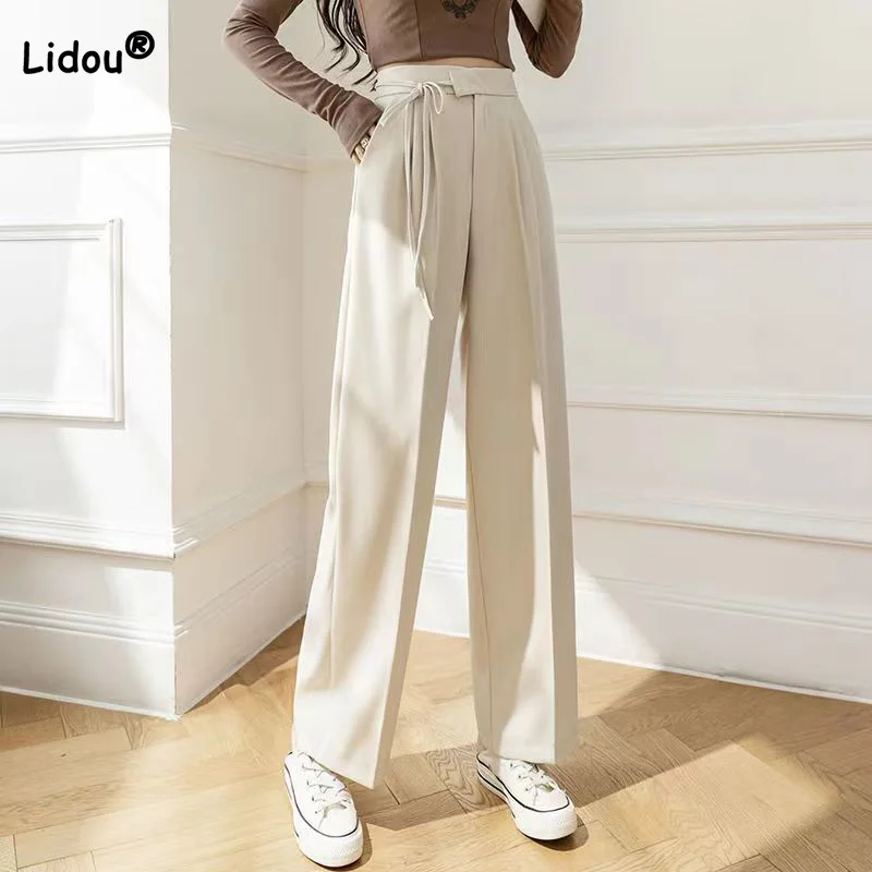 Simplicity Pockets Solid Drape Wide-leg Suit Pants Women 2022 Spring Summer Lace-up Loose Waist Casual Straight Mopping Trousers simplicity spring autumn button patchwork multiple pockets wide leg trousers distressed vintage tie dye women straight jeans