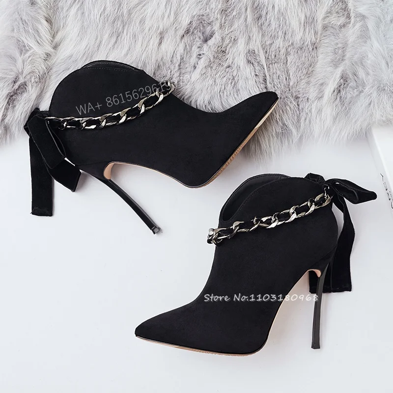 

2023 New Frosted Pointed Toe Short Boots Woman Chain Decor Back Bow Stilettos Autumn Winter Slip On Metal Thin High Heels Shoes