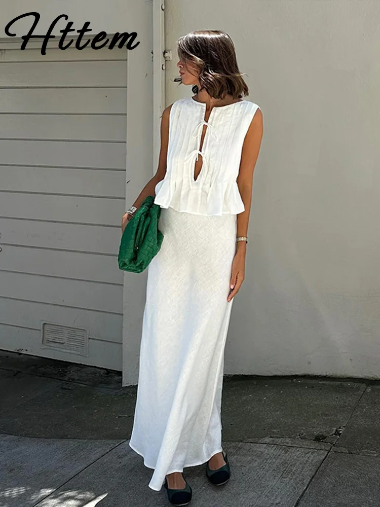 Beige Lace Two Piece Set With Sheer Long Sleeve Top And Tiered Maxi Skirt For Elegant Everyday Wear main image 1