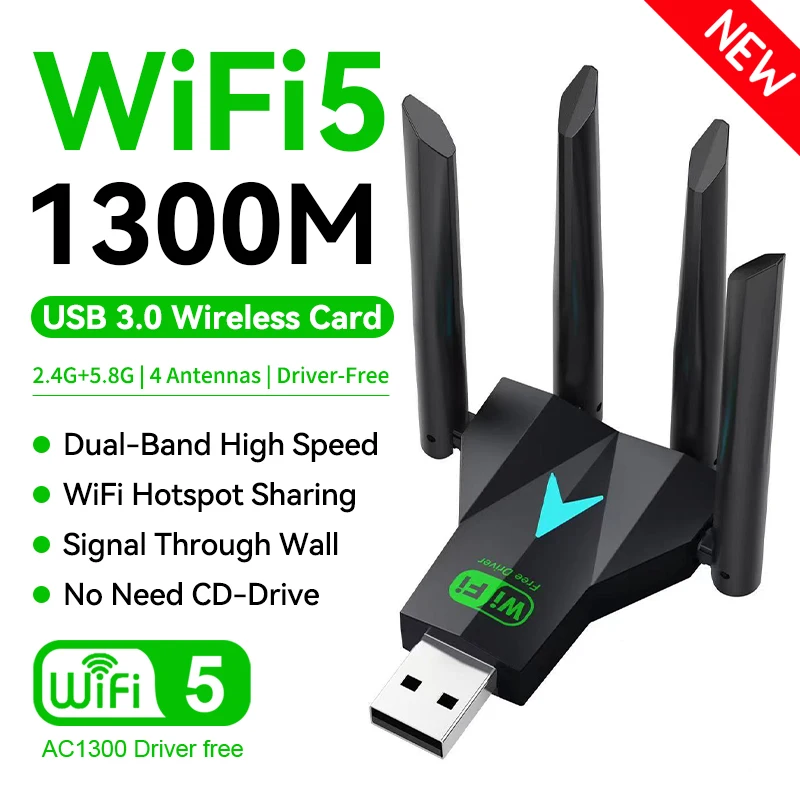 Dual Band 1300Mbps WiFi USB Adapter 2.4G/5Ghz Wi-Fi Dongle USB3.0 802.11AC 4-Antenna Wireless Receiver For PC/Laptop Driver Free
