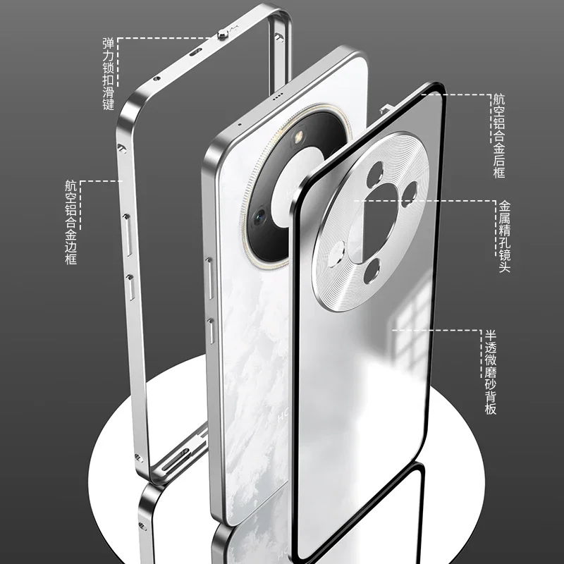 Premium Alloy Metal Lens Protection Phone Case with Transparent Tempered Glass and Shockproof Back Cover