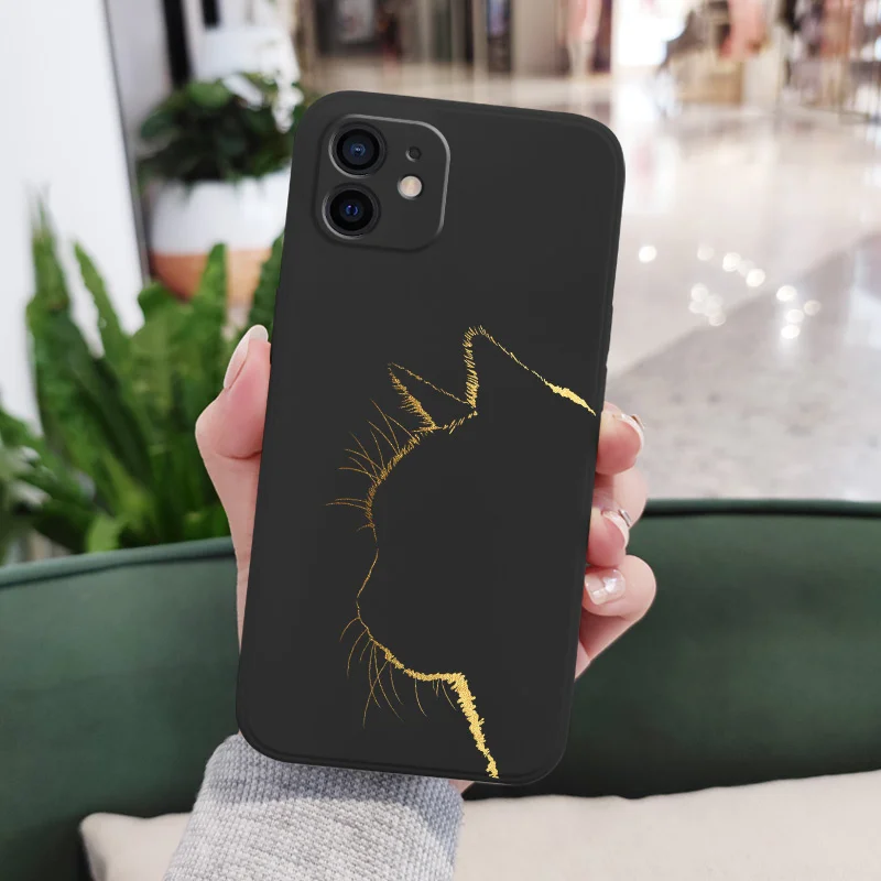 Elegant Black Gold Cat Liquid Silicone Phone Case - Soft Protective Cover