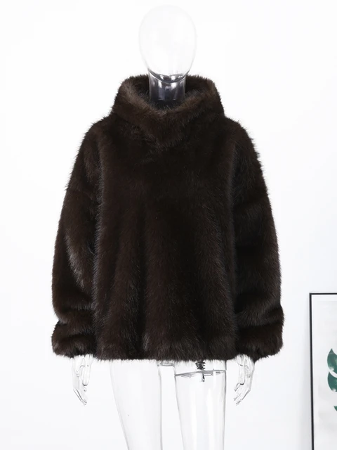 Furry Hooded Faux Fur Coats Women Loose Long Sleeve Warm Brown Pullovers 2025 Autumn Winter Lady Street Fashion Outwear 4