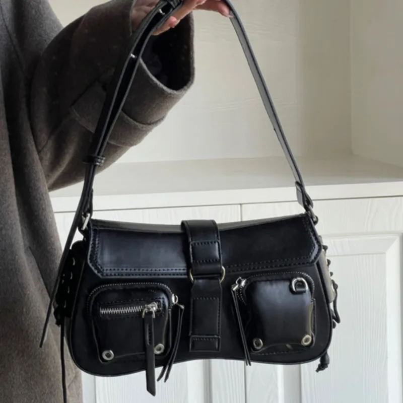 Vintage PU Leather Black Handbags Punk Harajuku Underarm Shoulder Bags Trend Multiple Pockets Zipper Crossbosy Bags For Women