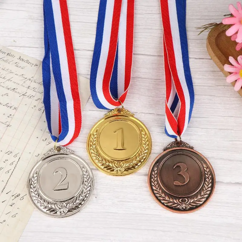 1pc Metal Award Medals With Neck Ribbon Gold Silver Bronze Style For Sports Academics Or Any Competition Diameter