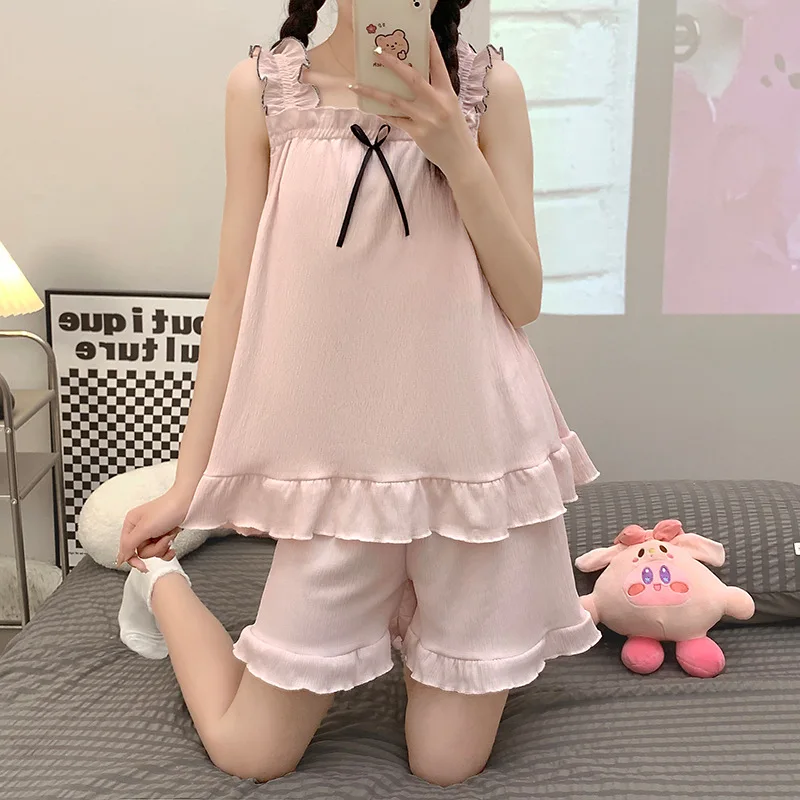 Women's Pajamas Sets Bow Strap Pyjama Summer Pijama Mujer Pjs Sleepwear Sexy Sleeveless Shorts 2 Piece Casual Homewear Nightwear