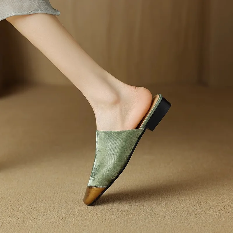 Women's Flat Bottom Real Leather Sandals Summer New Thick Heel Cap Toe Half Slip Cool Mule Shoes Slip-On Casual Flats - 3