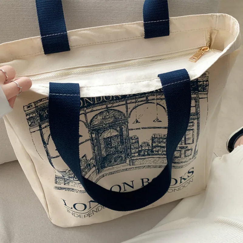 Canvas Shoulder Bag London Books Print Women Casual Handbag Tote Bag Reusable Large Capacity Cotton Ladies Shopping Beach