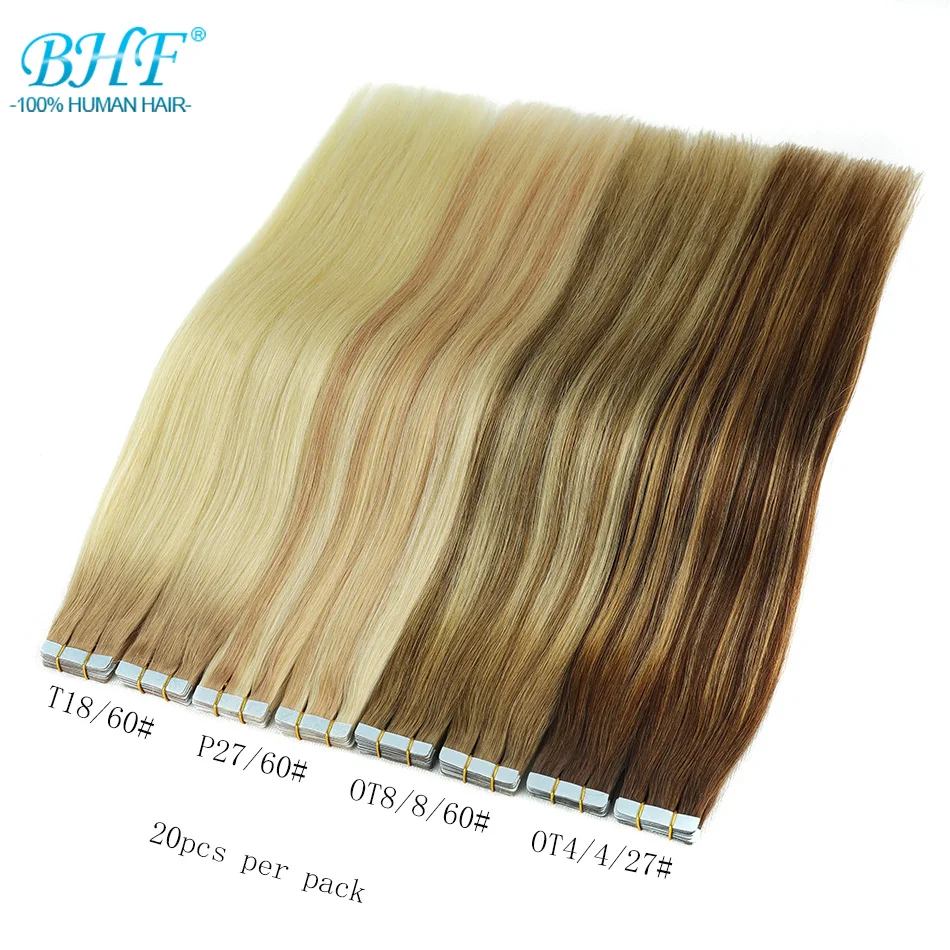 цена BHF Tape In Hair Extensions Straight Human Hair Adhesive Invisible Natural Hair Extensions 20 pcs Brazilian Remy Hair Tape Ins