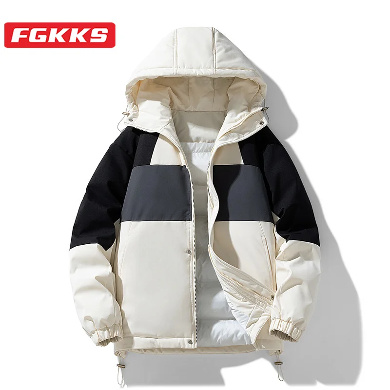 

FGKKS 2023 Outdoor Leisure Parker Cotton-Padded Men's Matching Color Hooded Lamb Coat Street Wear Hot Cotton-Padded Men