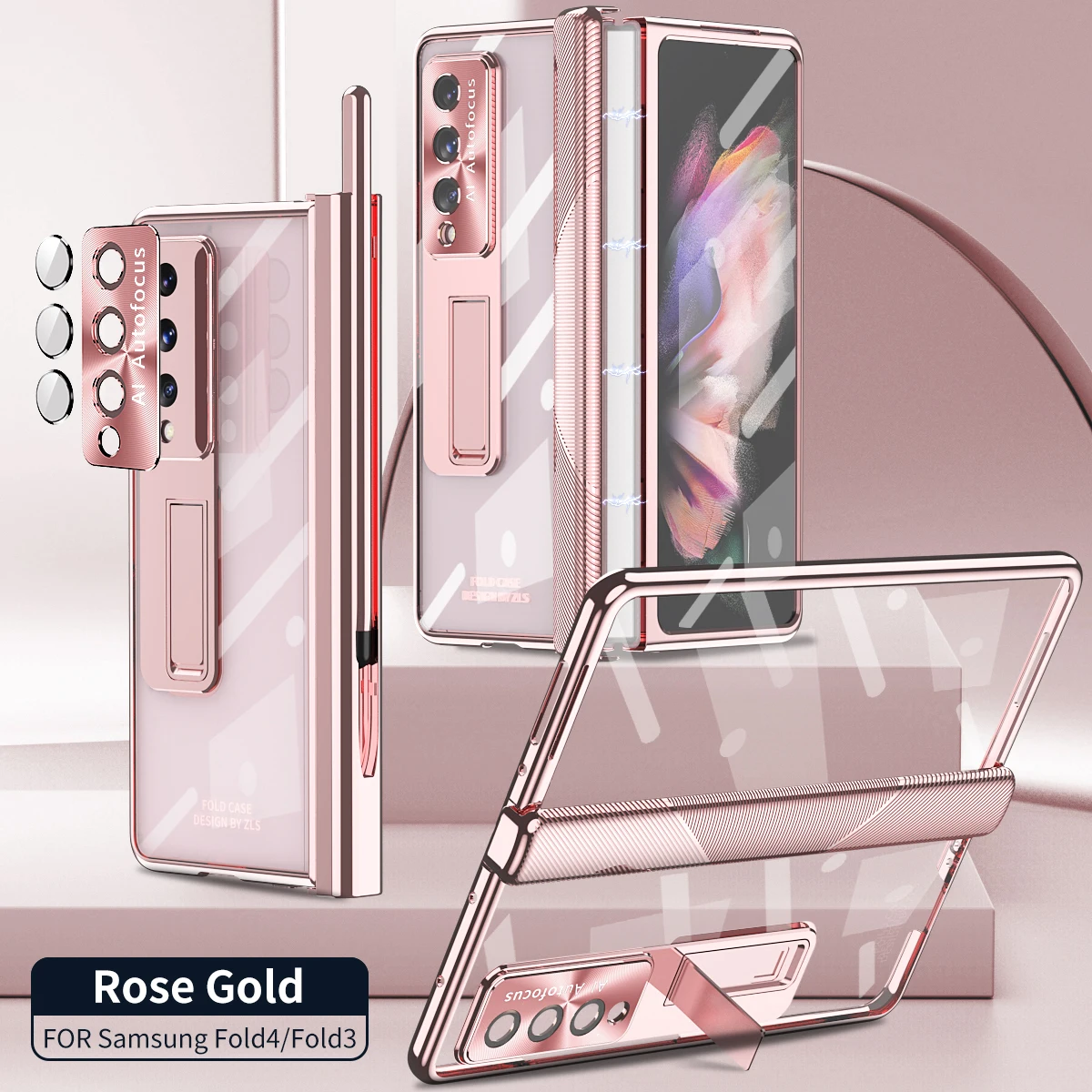 For Samsung Galaxy Z Fold 5 Case Hinge Plating Clear Magnetic Case Fold 4 3 with S Pen Holder Kickstand 360 Full Protector Cover