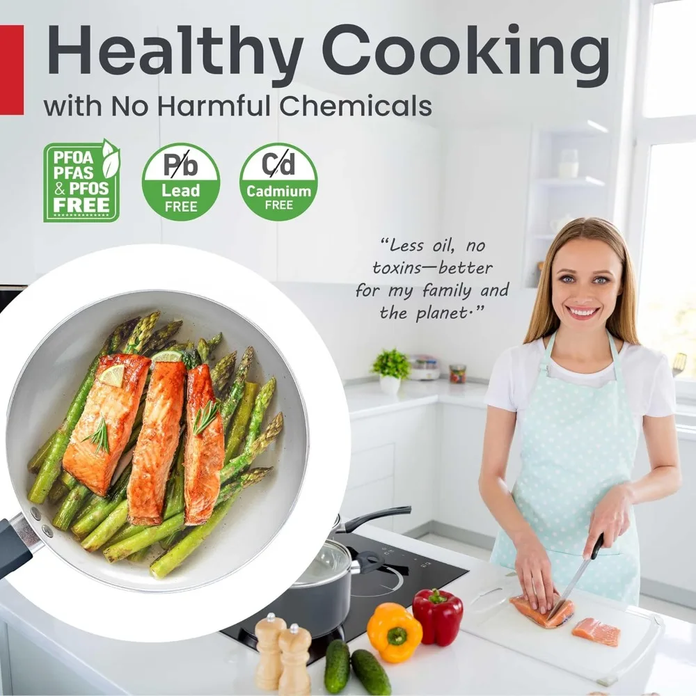 16-Piece Healthy Stone Pots and Pans Set Non Stick, Non Toxic Ceramic Cookware Set, Dishwasher Safe, w Frying Pans, Sauce Pan,