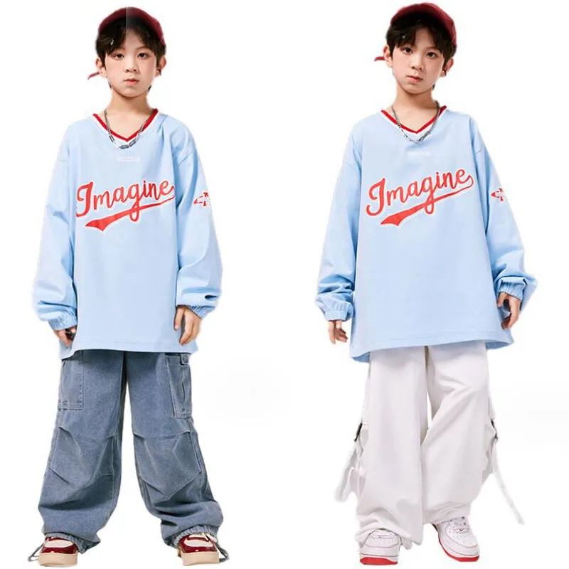 

Girls Hip Hop Blue Sweatshirt Cargo Pants Boys Streetwear Sweatshirt Joggers Kids Street Dance Clothes Children Jazz Costumes